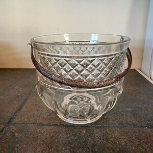 Vintage Cut Glass Ice Bucket Bowl w/ Metal Handle Barware